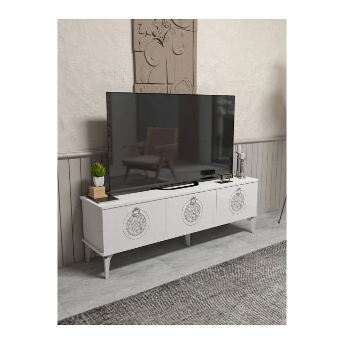 Tv Sehpası Tv Ünitesi Beyaz Gümüş 160 Cm Saraylı 5063