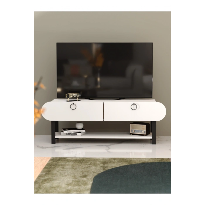 Tv Sehpası Tv Ünitesi Kapaklı Raflı Setro Beyaz