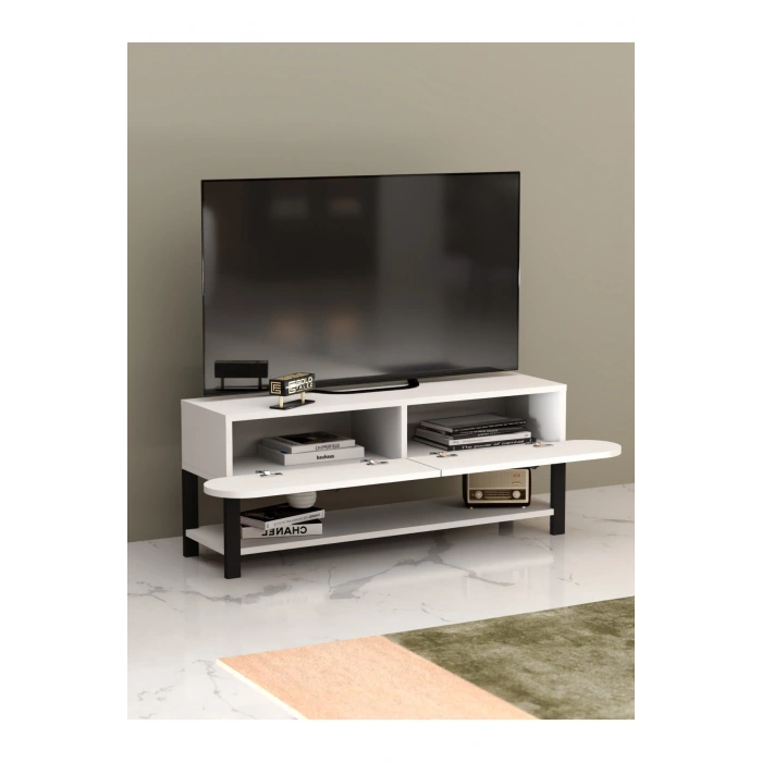 Tv Sehpası Tv Ünitesi Kapaklı Raflı Setro Beyaz