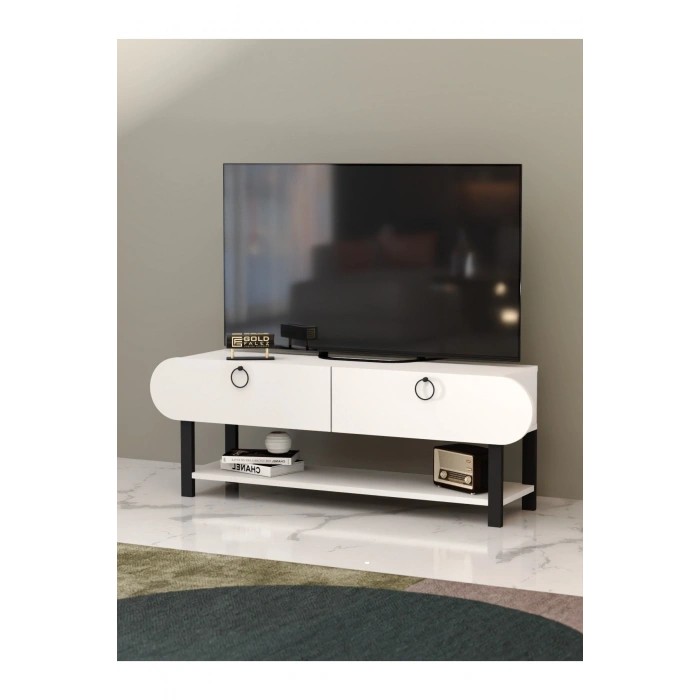 Tv Sehpası Tv Ünitesi Kapaklı Raflı Setro Beyaz