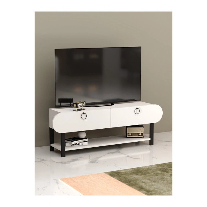 Tv Sehpası Tv Ünitesi Kapaklı Raflı Setro Beyaz