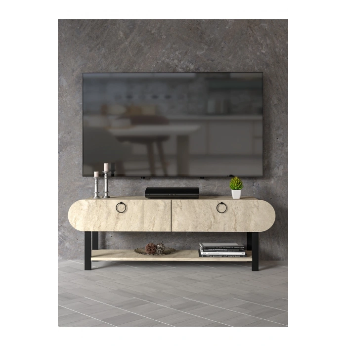 Tv Sehpası Tv Ünitesi Kapaklı Raflı Setro Traverten