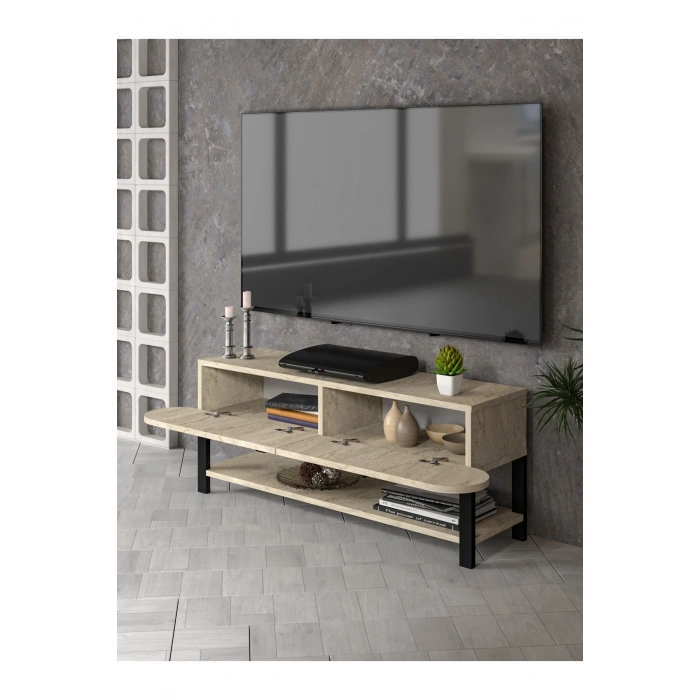 Tv Sehpası Tv Ünitesi Kapaklı Raflı Setro Traverten