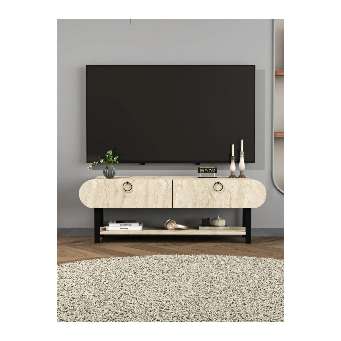 Tv Sehpası Tv Ünitesi Kapaklı Raflı Setro Traverten