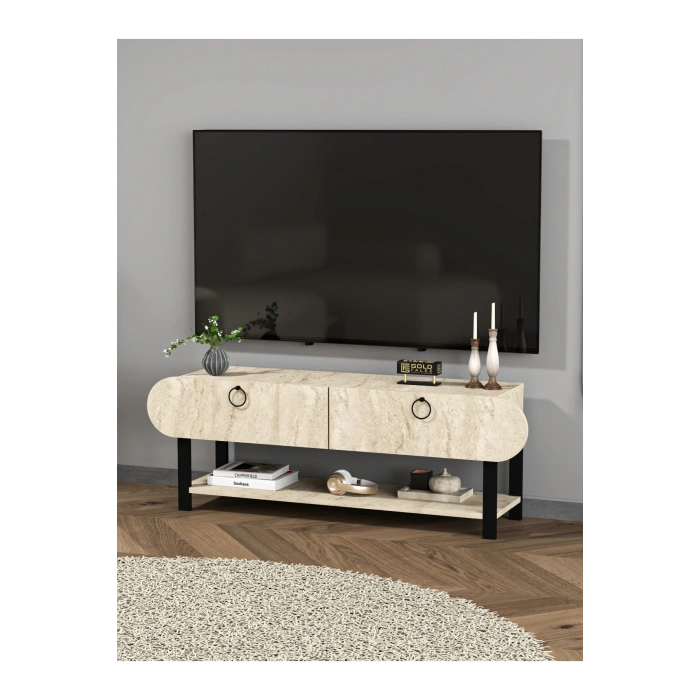 Tv Sehpası Tv Ünitesi Kapaklı Raflı Setro Traverten
