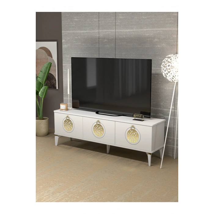 Tv Sehpası Tv Ünitesi Saraylı Beyaz Gold 5062