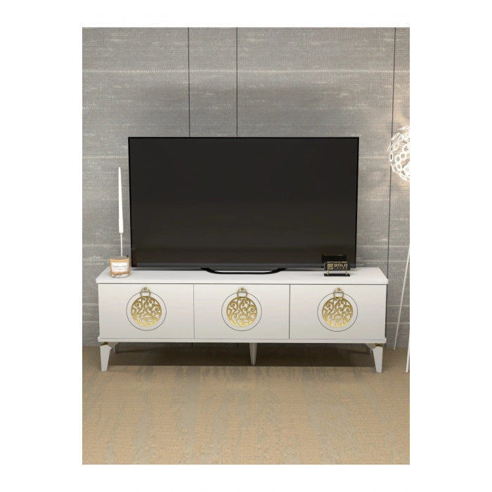 Tv Sehpası Tv Ünitesi Saraylı Beyaz Gold 5062