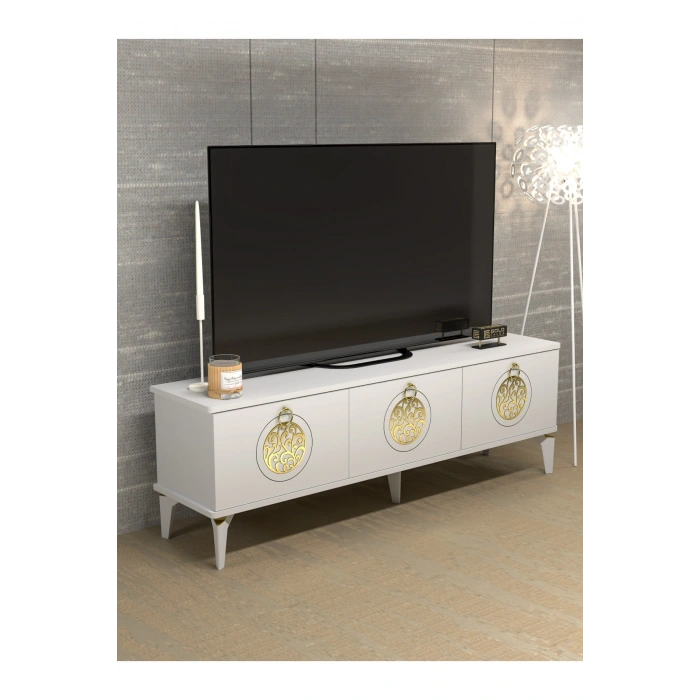 Tv Sehpası Tv Ünitesi Saraylı Beyaz Gold 5062