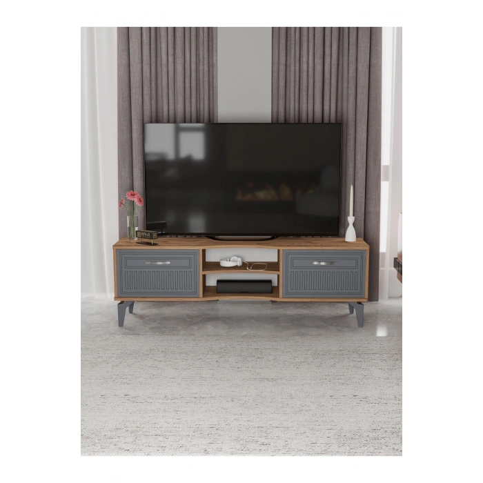 Tv Sehpası Tv Ünitesi Vera Atlantik Çam Antrasit Çizgili 5051