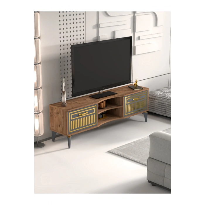 Tv Sehpası Tv Ünitesi Vera Atlantik Çam Antrasit Gold Çizgili 5050