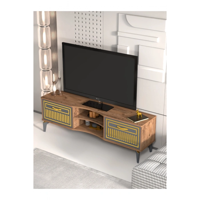 Tv Sehpası Tv Ünitesi Vera Atlantik Çam Antrasit Gold Çizgili 5050