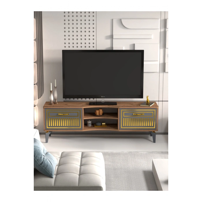 Tv Sehpası Tv Ünitesi Vera Atlantik Çam Antrasit Gold Çizgili 5050