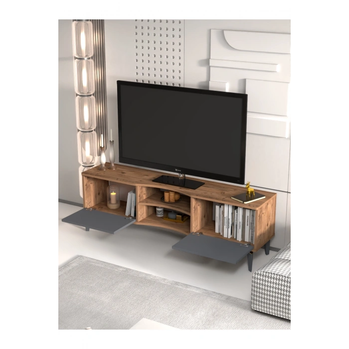 Tv Sehpası Tv Ünitesi Vera Atlantik Çam Antrasit Gold Çizgili 5050