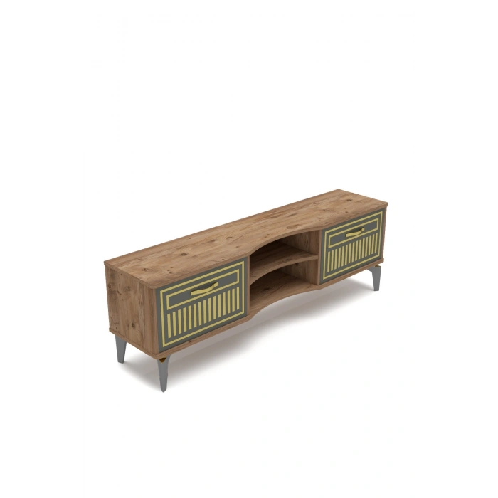 Tv Sehpası Tv Ünitesi Vera Atlantik Çam Antrasit Gold Çizgili 5050