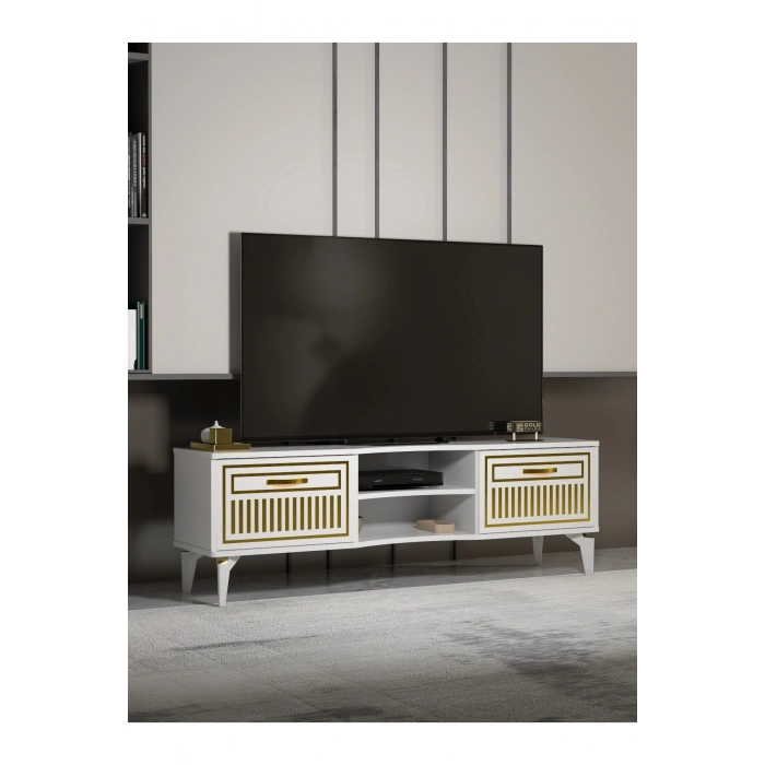 Tv Sehpası Tv Ünitesi Vera Beyaz Gold Çizgili 5052