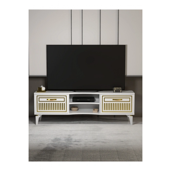 Tv Sehpası Tv Ünitesi Vera Beyaz Gold Çizgili 5052
