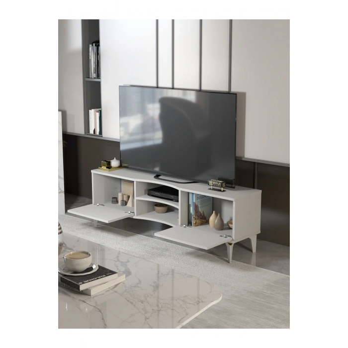 Tv Sehpası Tv Ünitesi Vera Beyaz Gold Çizgili 5052