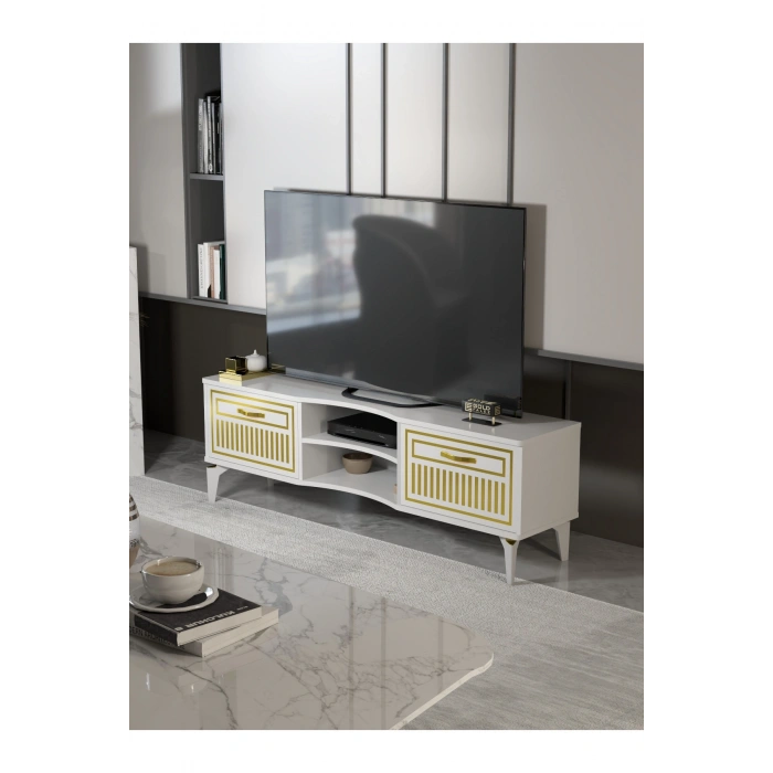 Tv Sehpası Tv Ünitesi Vera Beyaz Gold Çizgili 5052