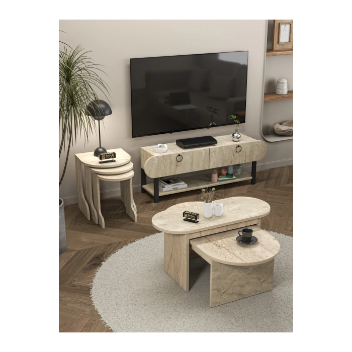 Tv Sehpası Ünitesi 2Li Orta Sehpa 3Lü Zigon Sehpa Set Üç Ürün Traverten