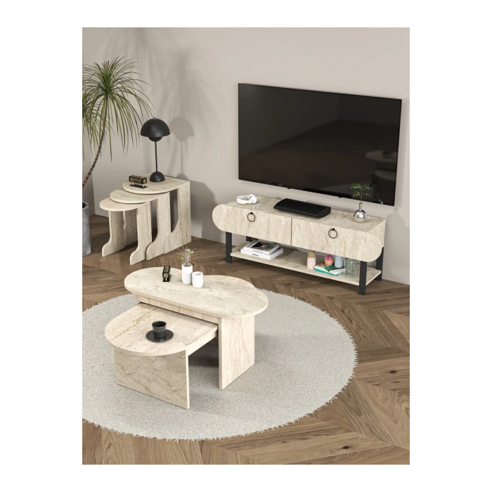 Tv Sehpası Ünitesi 2Li Orta Sehpa 3Lü Zigon Sehpa Set Üç Ürün Traverten