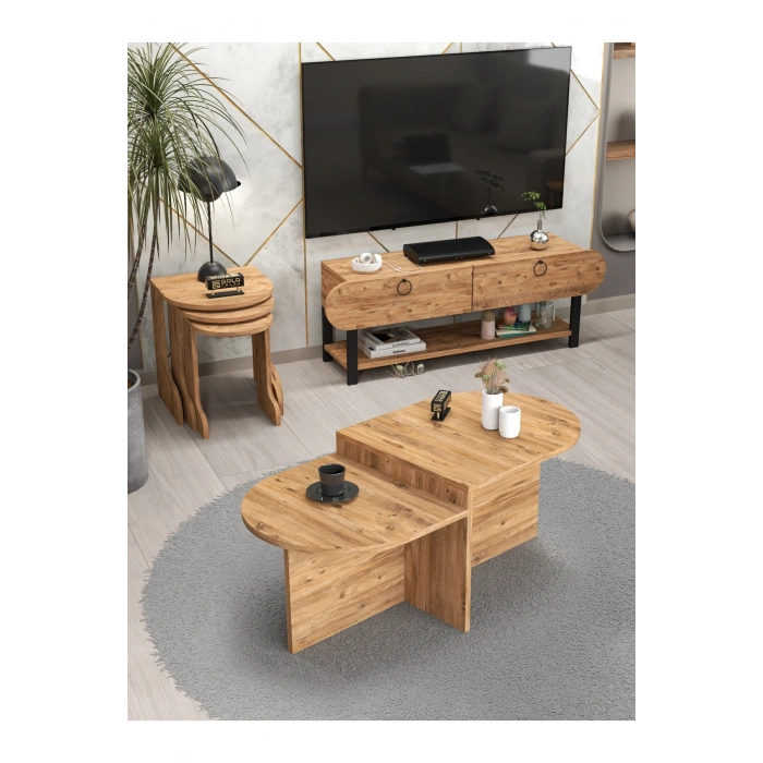 Tv Sehpası Ünitesi Tekli Orta Sehpa 3Lü Zigon Sehpa Set Üç Ürün Atlantik Çam