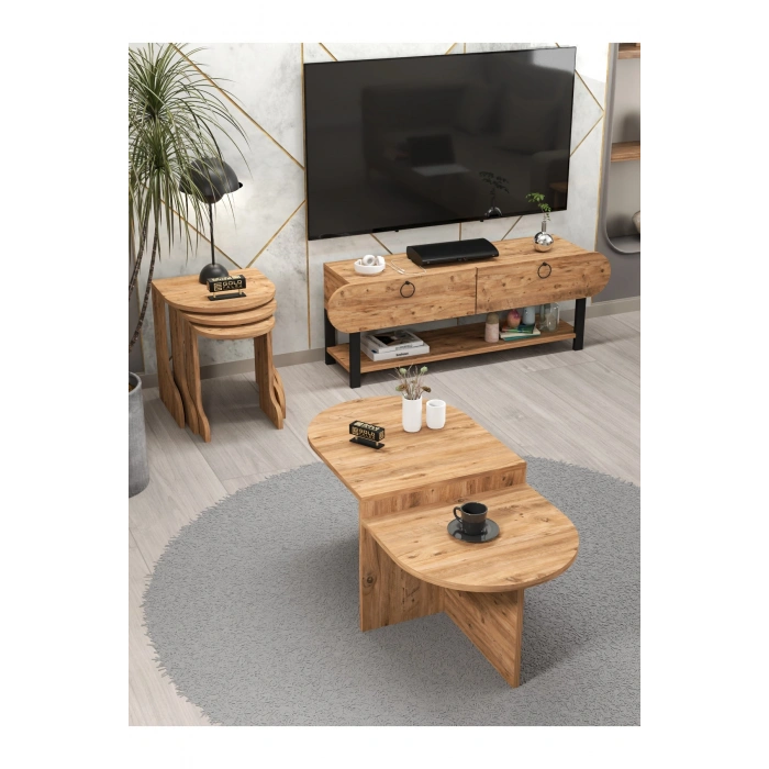 Tv Sehpası Ünitesi Tekli Orta Sehpa 3Lü Zigon Sehpa Set Üç Ürün Atlantik Çam