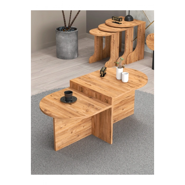 Tv Sehpası Ünitesi Tekli Orta Sehpa 3Lü Zigon Sehpa Set Üç Ürün Atlantik Çam