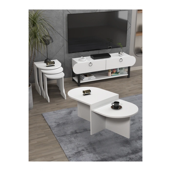 Tv Sehpası Ünitesi Tekli Orta Sehpa 3Lü Zigon Sehpa Set Üç Ürün Beyaz