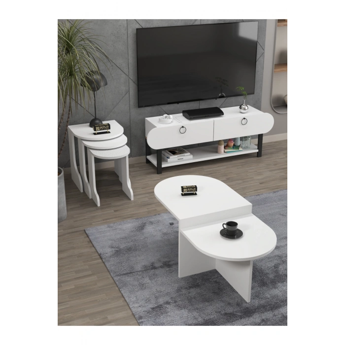 Tv Sehpası Ünitesi Tekli Orta Sehpa 3Lü Zigon Sehpa Set Üç Ürün Beyaz