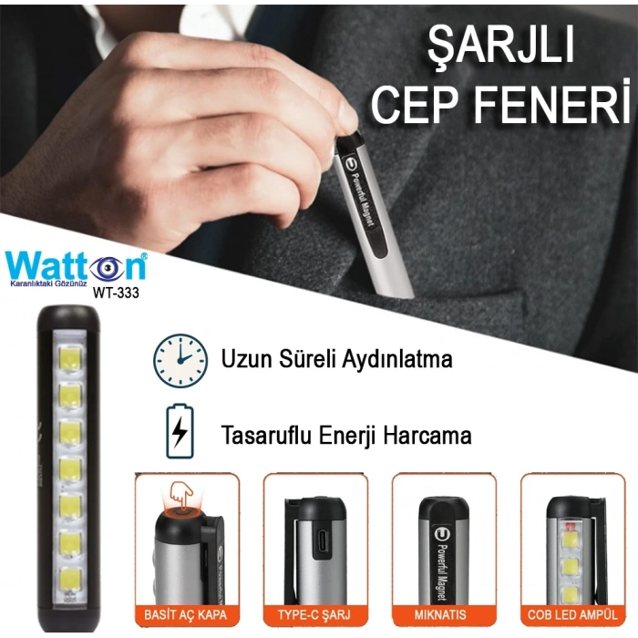 TYPE-C GİRİŞLİ MIKNATISLI ŞARJLI CEP FENERİ WATTON WT-333