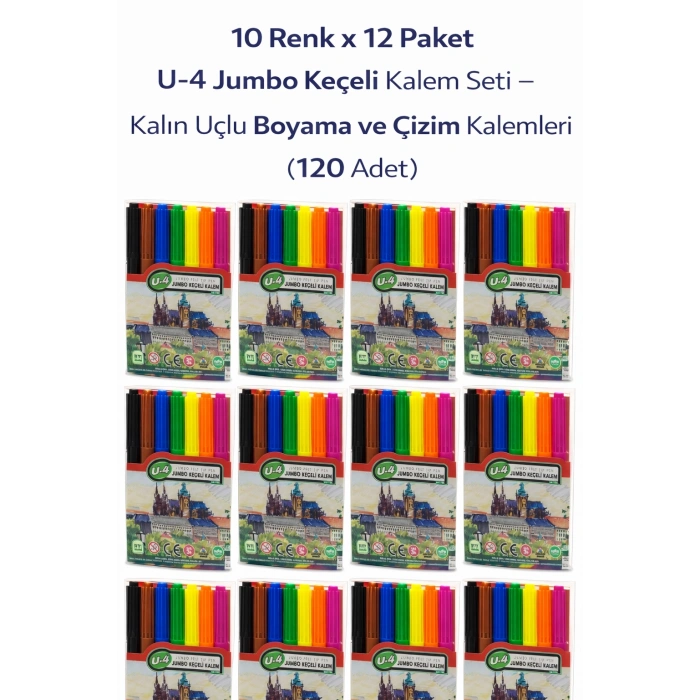 U-4 Jumbo Keçeli Kalem 10 Renk x 12 Paket – Kalın Uçlu Boyama ve Çizim Kalemi Seti (120 Adet)