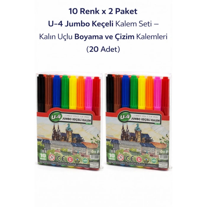 U-4 Jumbo Keçeli Kalem 10 Renk x 2 Paket – Kalın Uçlu Boyama ve Çizim Kalemi Seti (20 Adet)