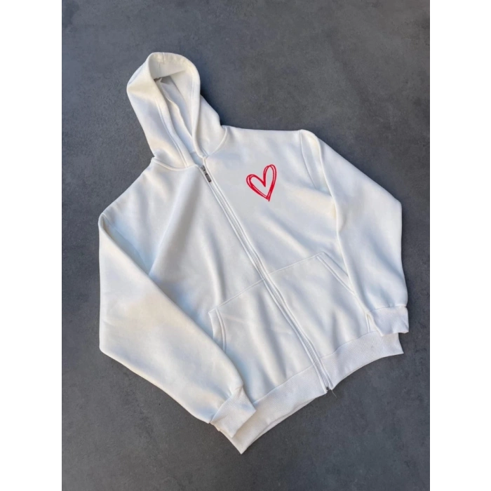 Üç İplik Baskılı Fermuarlı Kapşonlu Hırka - Beyaz