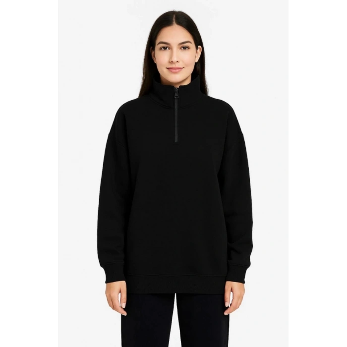 Üç İplik Dık Yaka Yarım Fermuarlı SweatShirt - Siyah
