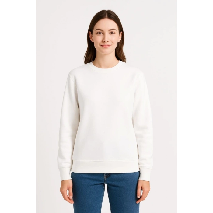 Üç İplik Düz Bisiklet Yaka SweatShirt - Beyaz