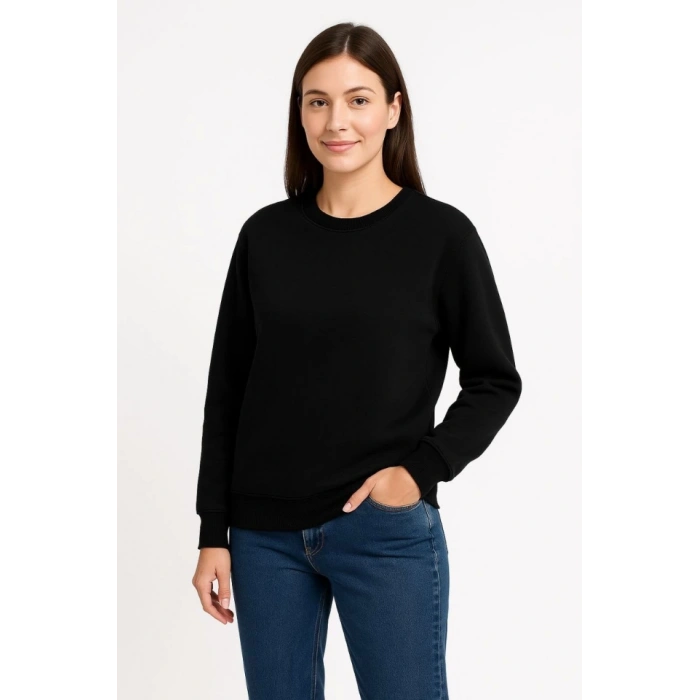 Üç İplik Düz Bisiklet Yaka SweatShirt  - Siyah