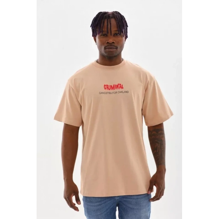 Unisex Baskılı Oversize T-Shirt - Bej