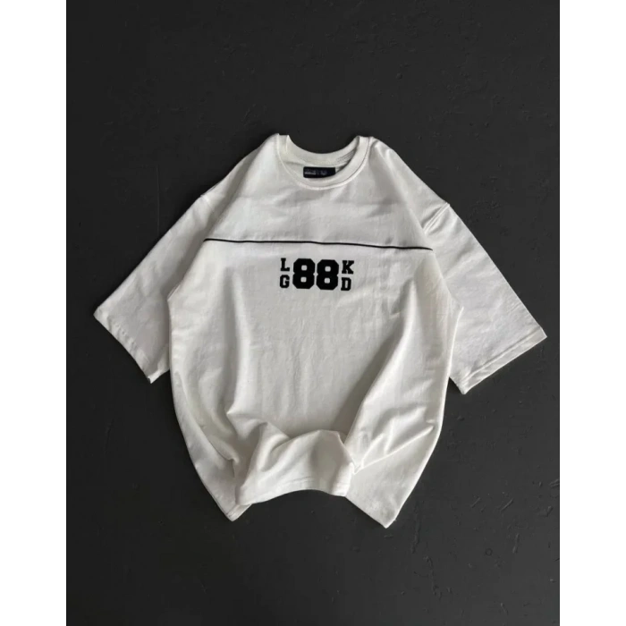 Unisex Bisiklet Yaka Baskılı Oversize T-Shirt - Beyaz