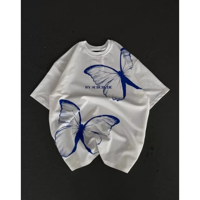 Unisex Bisiklet Yaka Baskılı Oversize T-Shirt - Beyaz