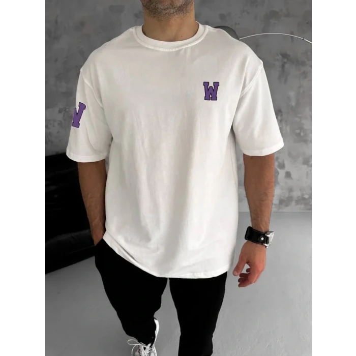 Unisex Bisiklet Yaka Baskılı Oversize T-Shirt - Beyaz