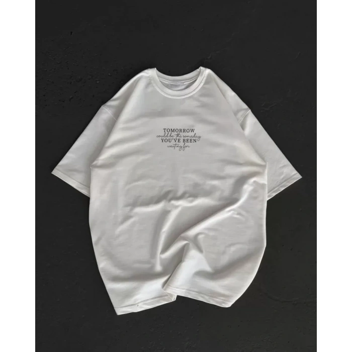 Unisex Bisiklet Yaka Baskılı Oversize T-Shirt - Beyaz