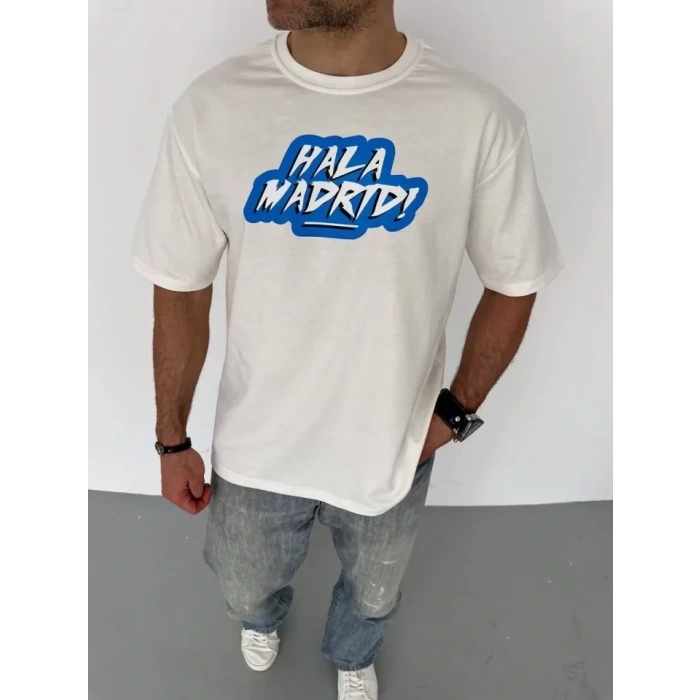 Unisex Bisiklet Yaka Baskılı Oversize T-Shirt - Beyaz