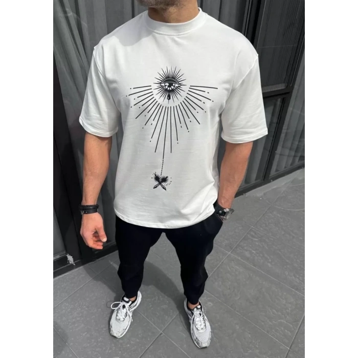 Unisex Bisiklet Yaka Baskılı Oversize T-Shirt - Beyaz