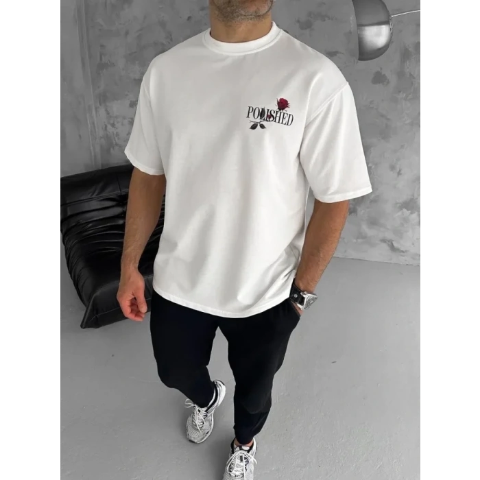 Unisex Bisiklet Yaka Baskılı Oversize T-Shirt - Beyaz