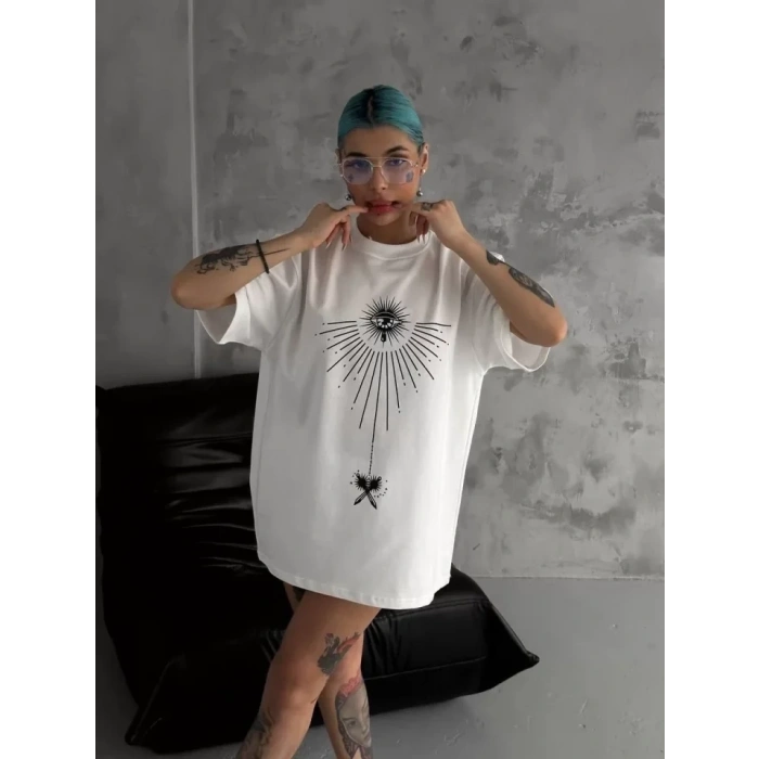Unisex Bisiklet Yaka Baskılı Oversize T-Shirt - Beyaz