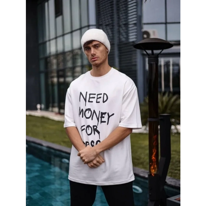 Unisex Bisiklet Yaka Baskılı Oversize T-Shirt - Beyaz