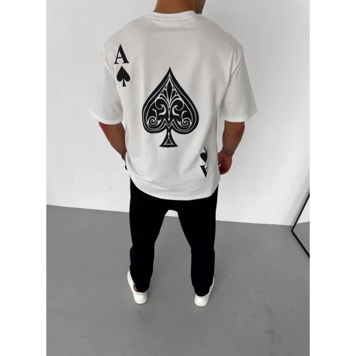 Unisex Bisiklet Yaka Baskılı Oversize T-Shirt - Beyaz