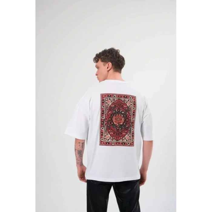 Unisex Bisiklet Yaka Baskılı Oversize T-Shirt - Beyaz