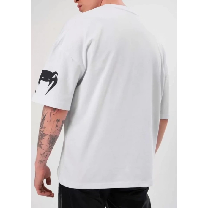 Unisex Bisiklet Yaka Baskılı Oversize T-Shirt - Beyaz
