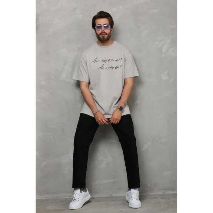 Unisex Bisiklet Yaka Baskılı Oversize T-Shirt - Gri